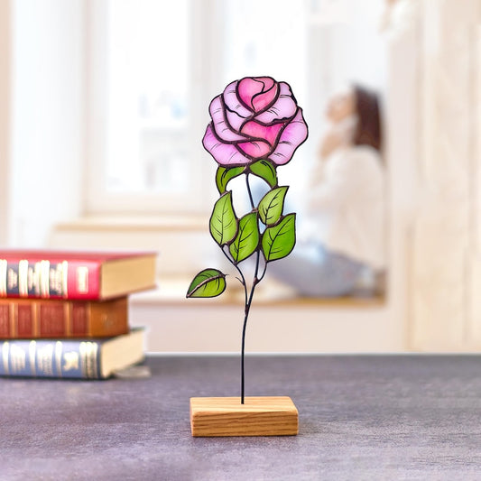 Pink Stained Glass Rose - Symbol of Love and Beauty | Elegant Floral Decor | Tiffany Glass Art | Romantic Gift for Her Evergreen flower