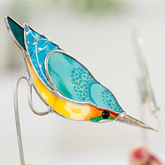 Stained Glass Kingfisher Plant Stake: Handmade Garden Art Decor
