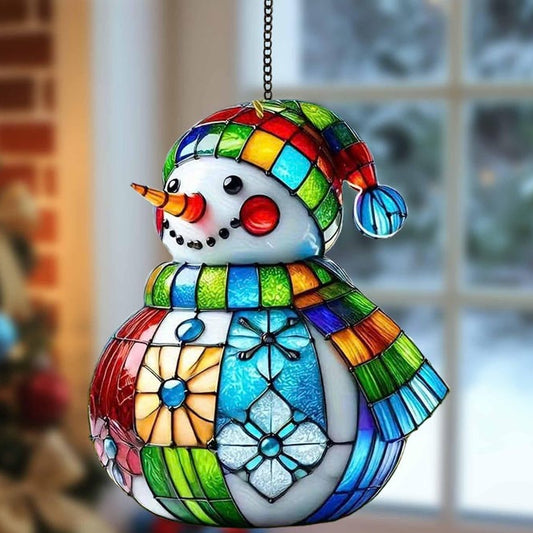 Patchwork Snowman Christmas Acrylic Suncatcher: Holiday Window Ornament