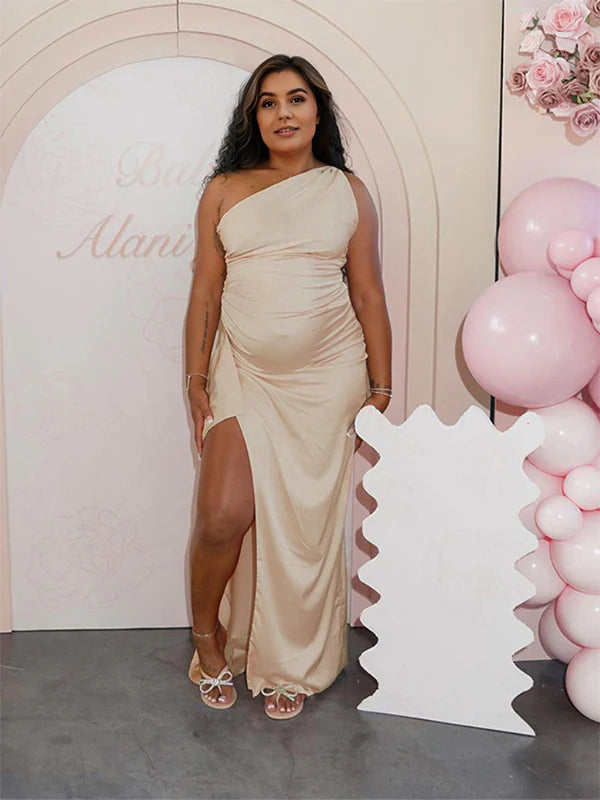 Apricot One Shoulder Backless Satin Side Slit Party Gown Baby Shower Maternity Maxi Dress