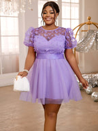 Lavender A Line Dresses O Neck Short Puff Sleeve