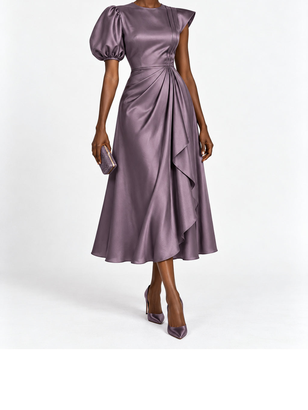 Mauve Satin Puff Sleeve Midi Dress