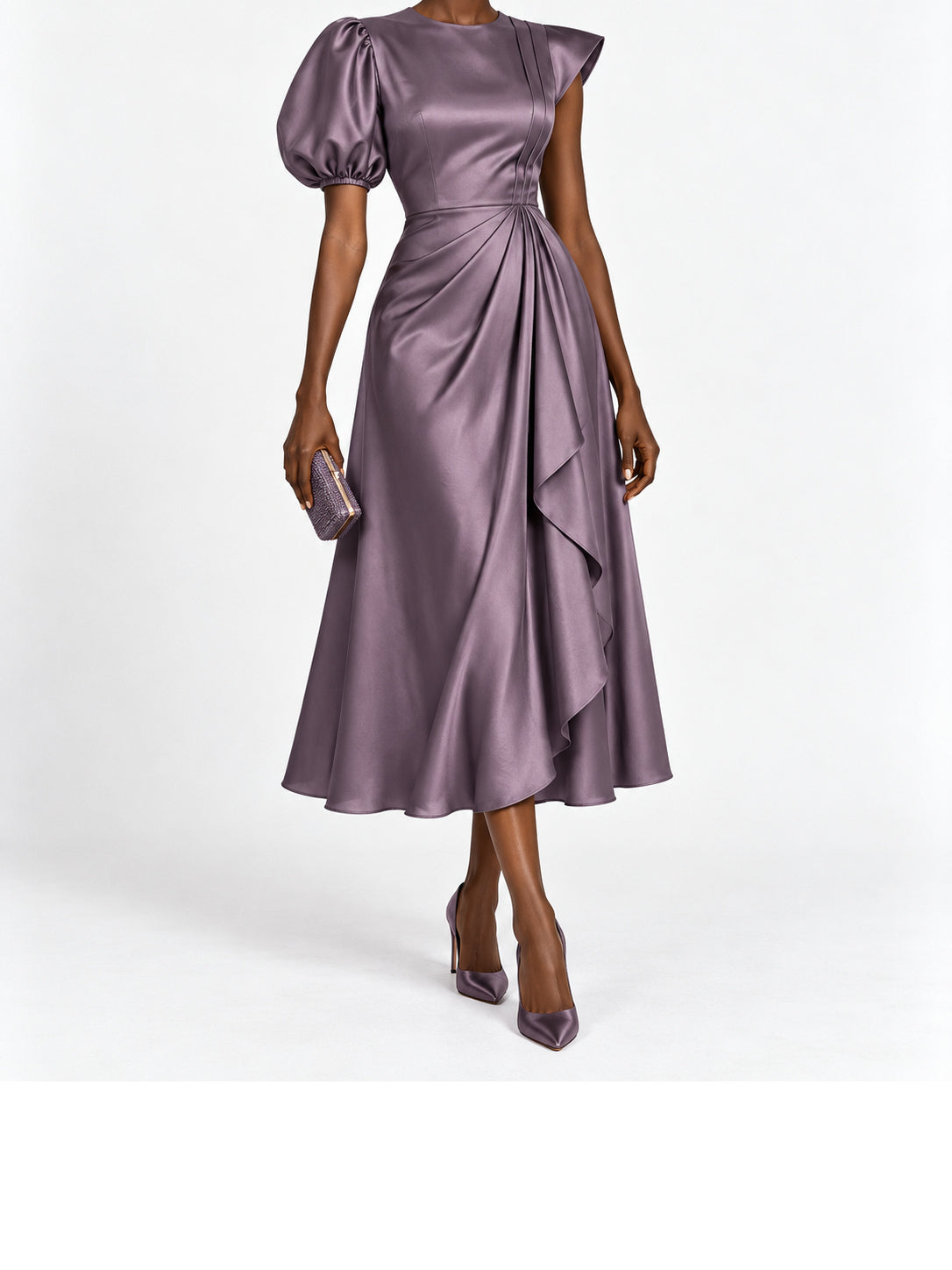 Mauve Satin Puff Sleeve Midi Dress