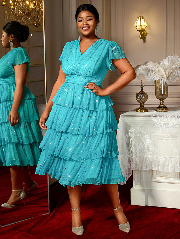 LakeBlue Shiny Sequins A Line Cake Dress V Neck High Waist