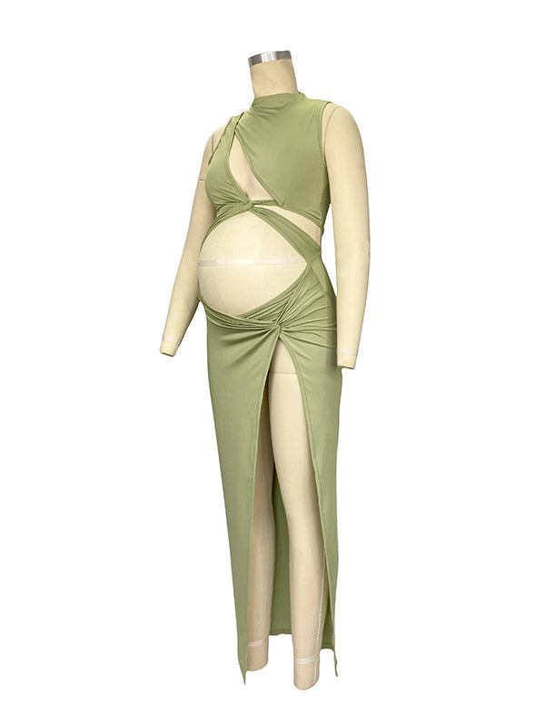 Olive Cut Out Irregular Split Ruffle Side Slit Bodycon Chic Photoshoot Maternity Maxi Dress