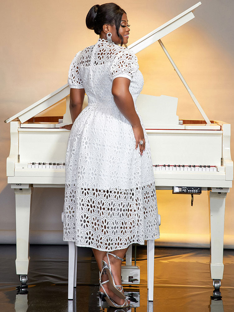 Elegant Lace Midi A Line Wedding Guests Dress Puff Sleeve