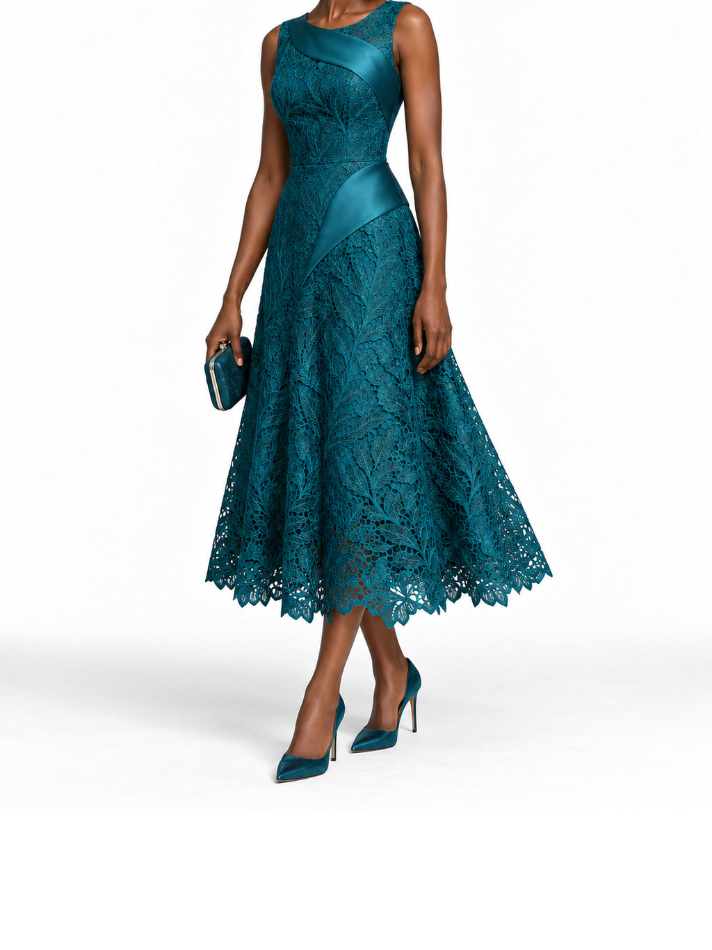 Teal Lace Satin Trim Sleeveless Midi Dress
