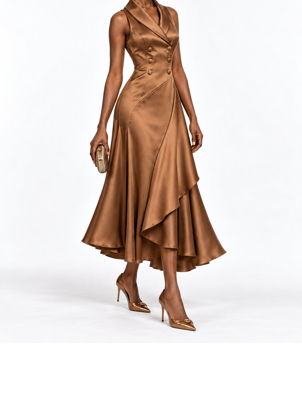 Camel Satin Shawl Collar Asymmetric Midi Dress