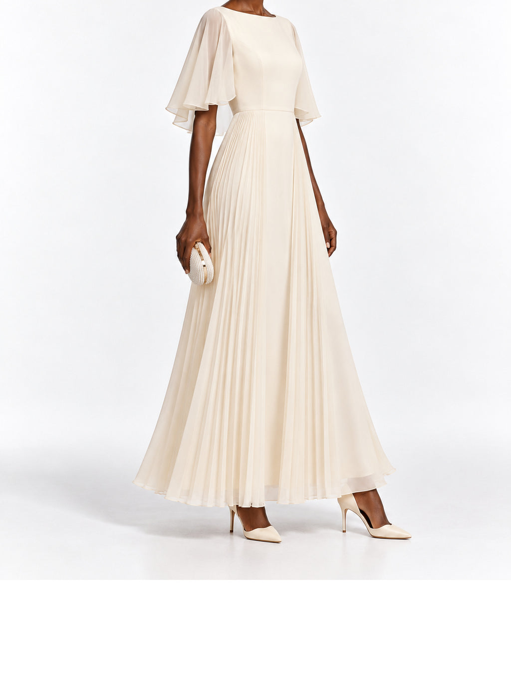 Cream Pleated Chiffon Flutter Sleeve Maxi Dress
