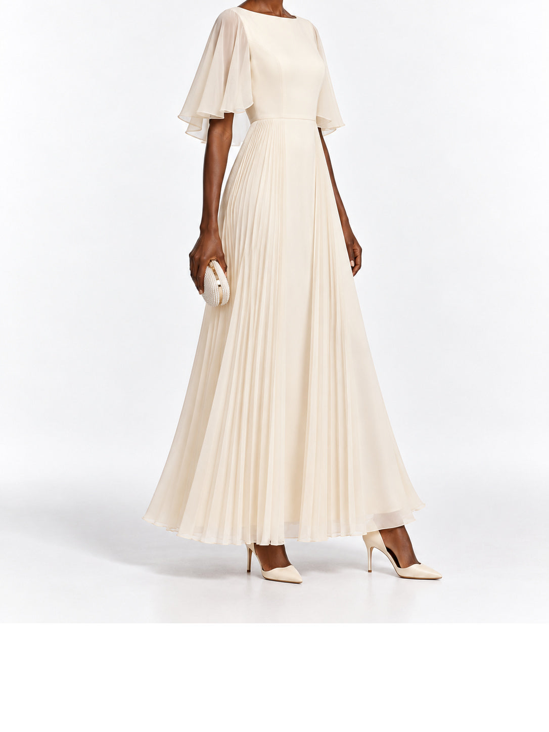 Cream Pleated Chiffon Flutter Sleeve Maxi Dress