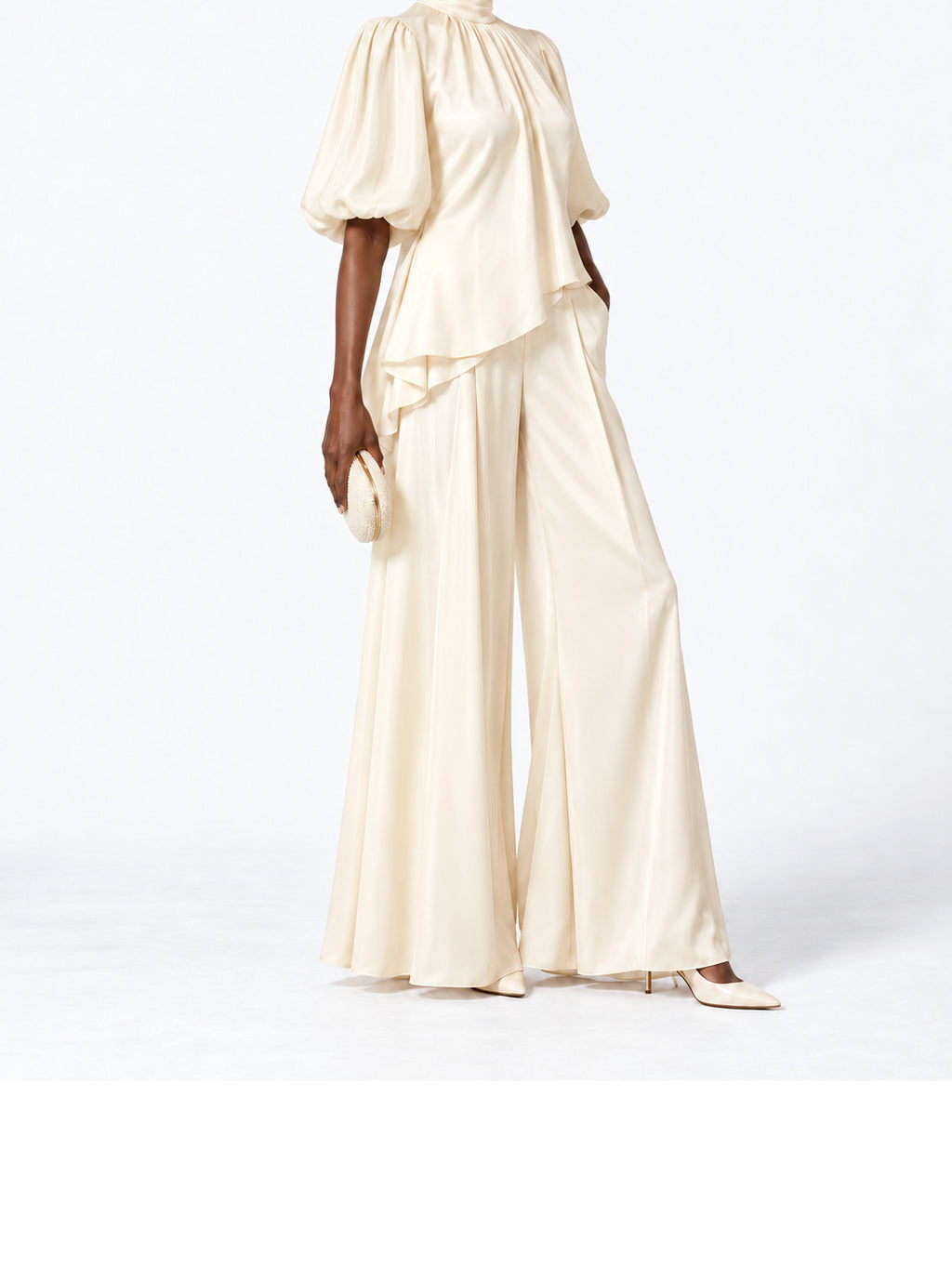 Cream Satin Asymmetric Ruffle Two Piece Pant Set