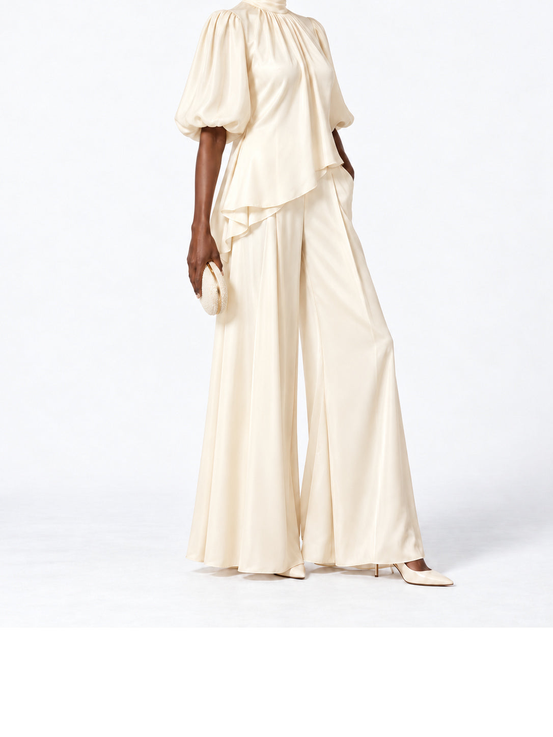 Cream Satin Asymmetric Ruffle Two Piece Pant Set