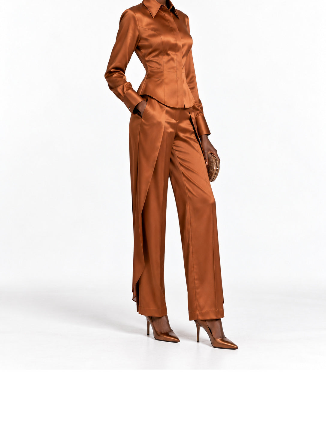 Bronze Satin Button Front Two Piece Pant Set
