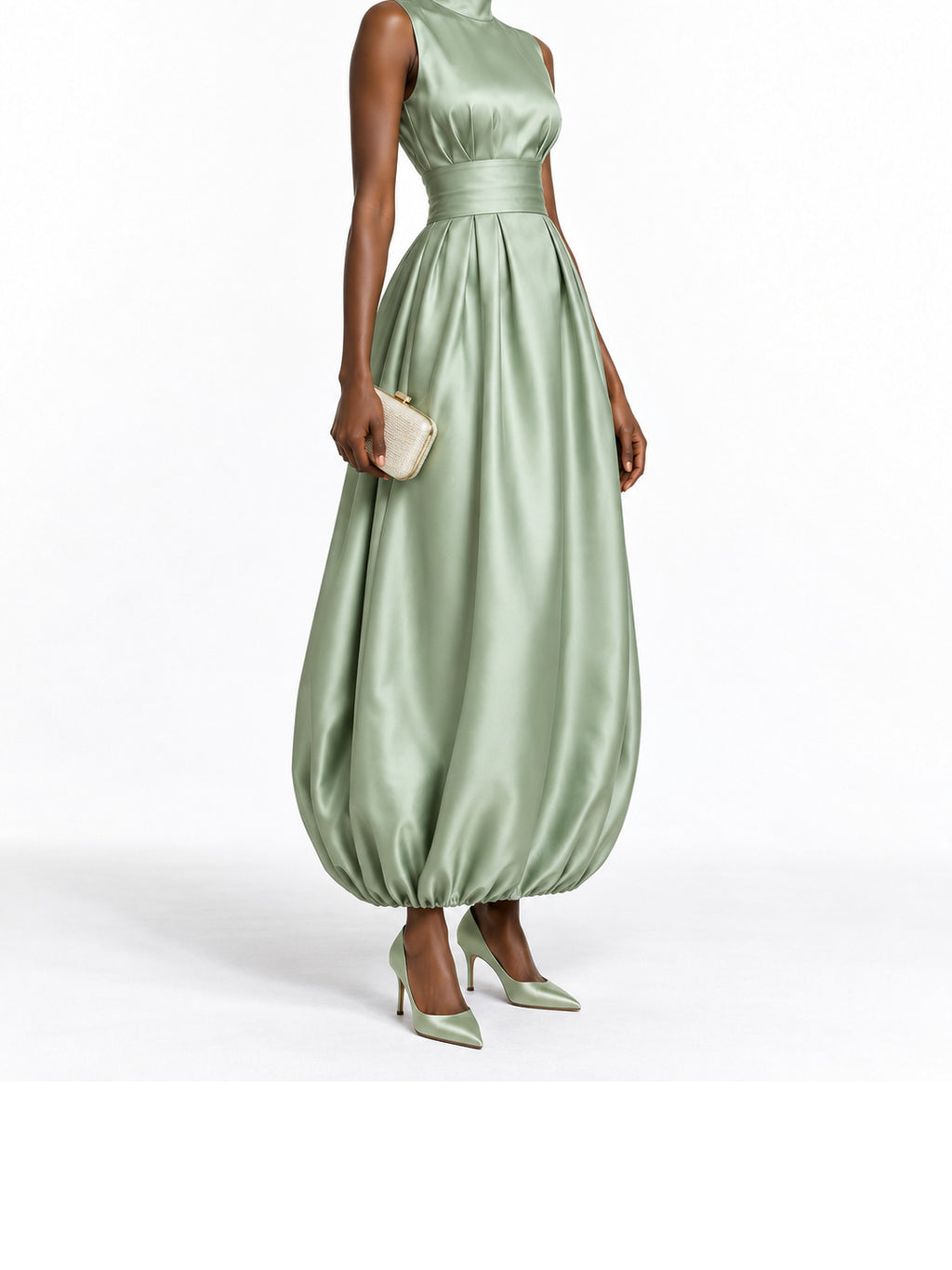 SageGreen Satin Sleeveless Bubble Hem Maxi Dress
