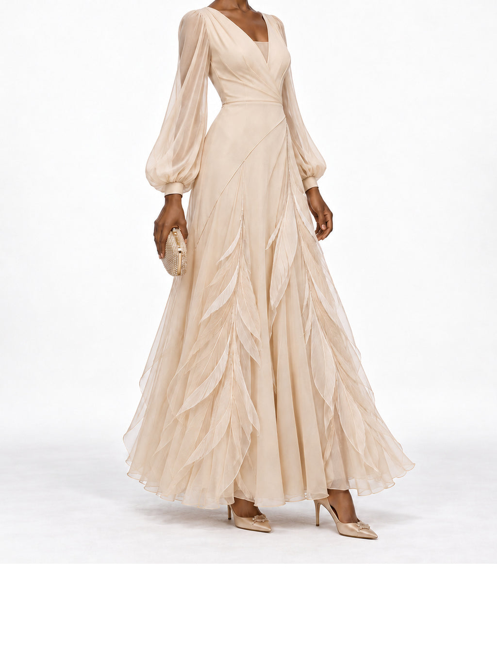 Champagne Chiffon Feather Applique Long Sleeve Maxi Dress
