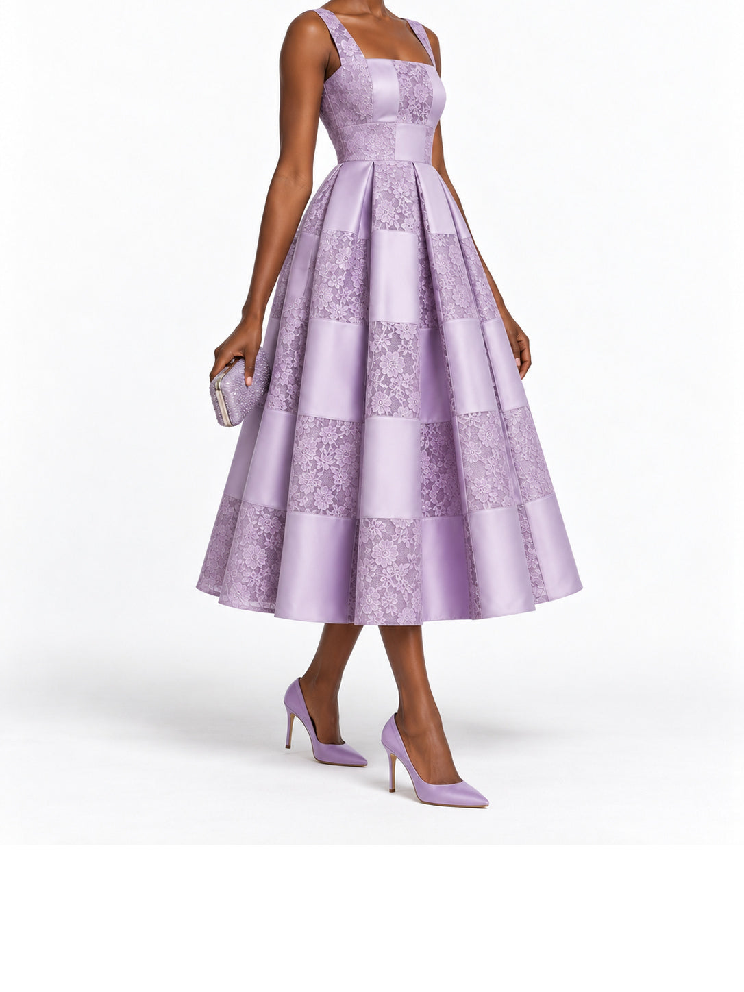 Lilac Satin Lace Patchwork Sleeveless Midi Dress