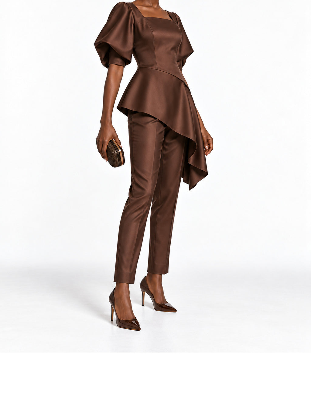 DarkBrown Satin Asymmetric Peplum Top and Pants Set
