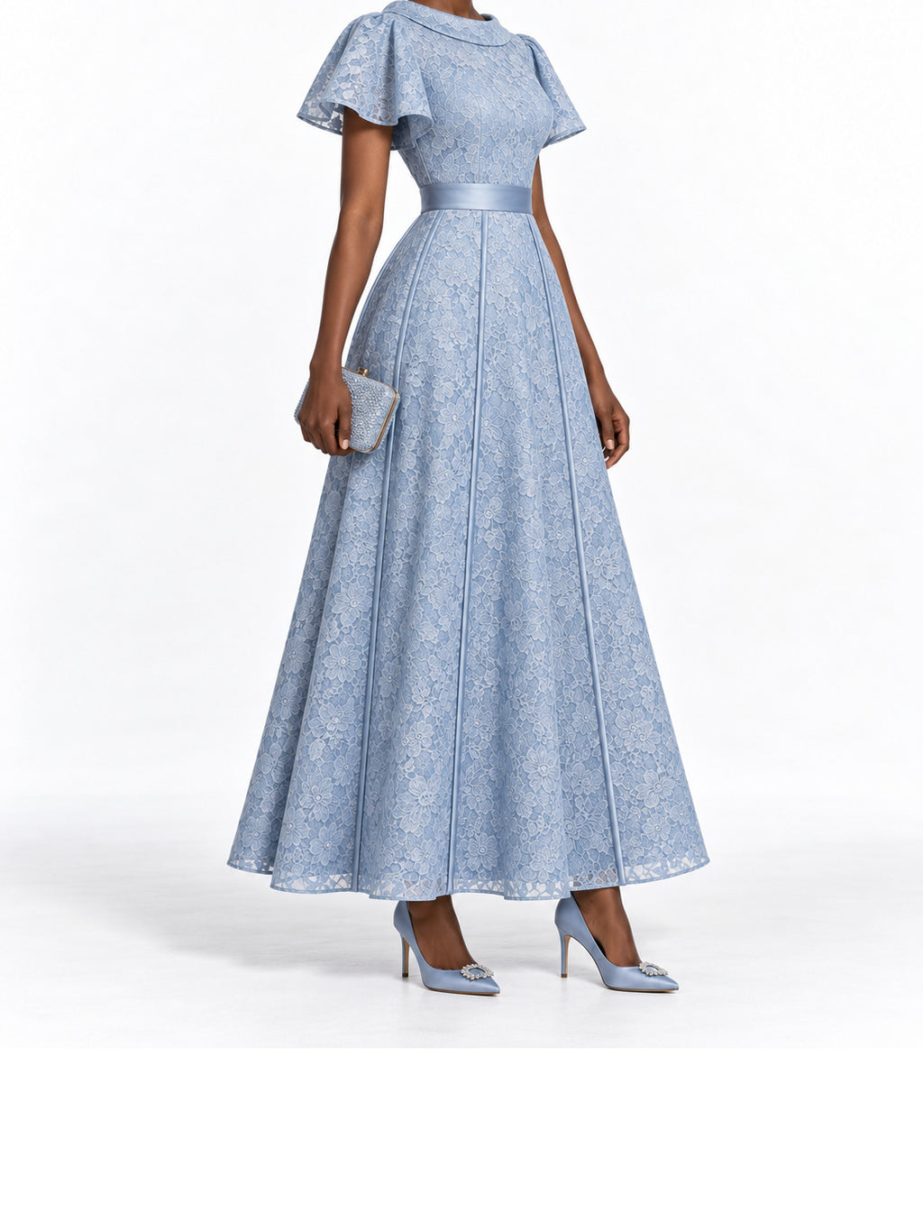 LightBlue Lace Short Sleeve Maxi Dress