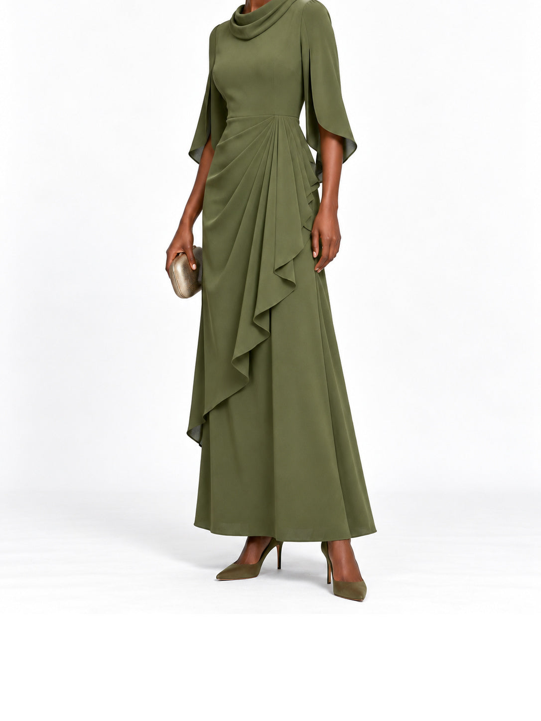 Olive Draped Cowl Neck Split Sleeve Maxi Dress
