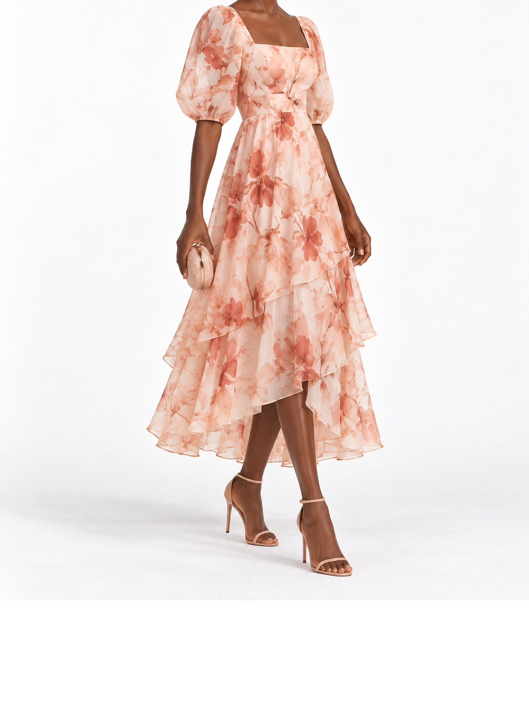 Peach Floral Print Puff Sleeve Tiered Midi Dress