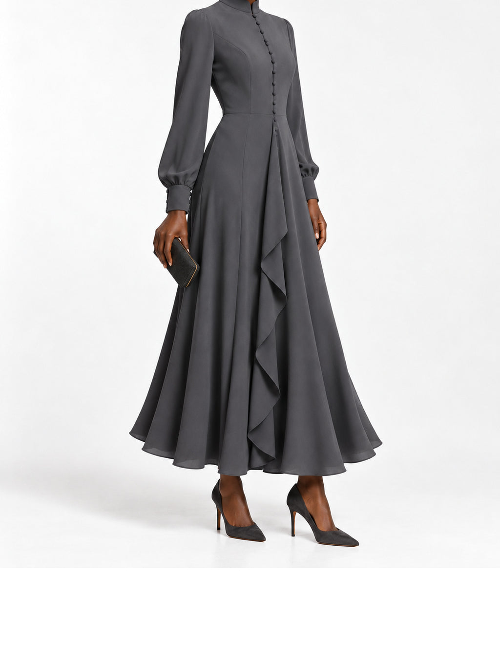 Charcoal Ruffle Front Button Detail Maxi Dress