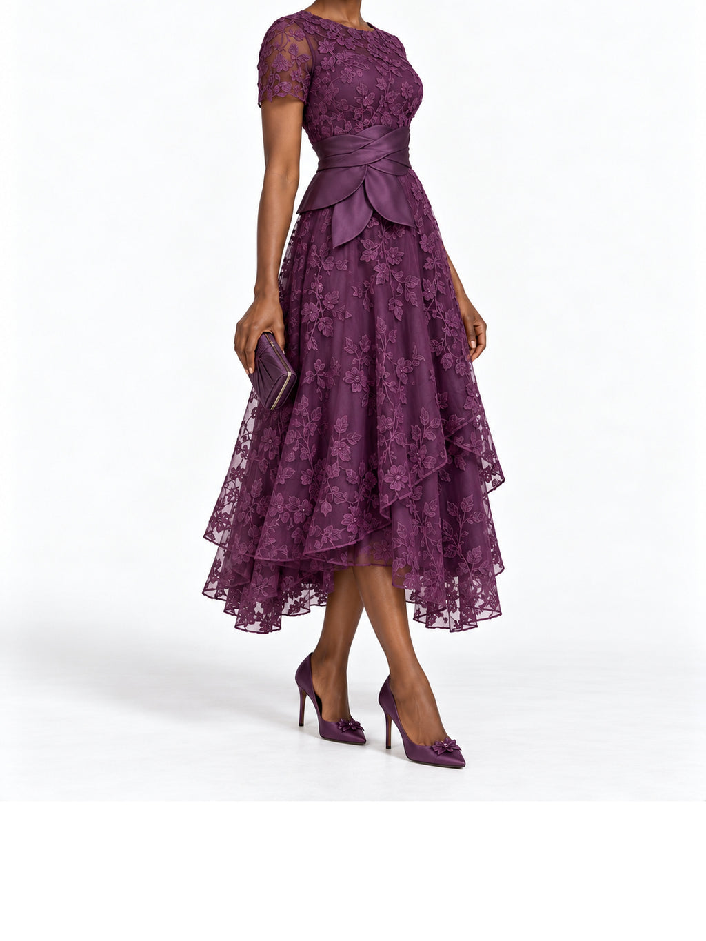 Purple Lace Short Sleeve Tiered Midi Dress