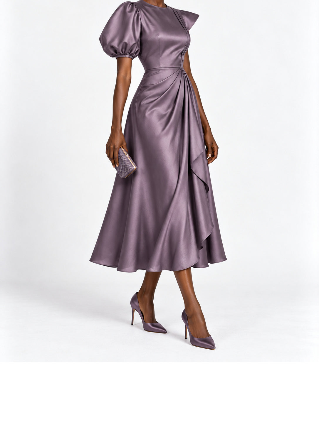 Mauve Satin Puff Sleeve Midi Dress