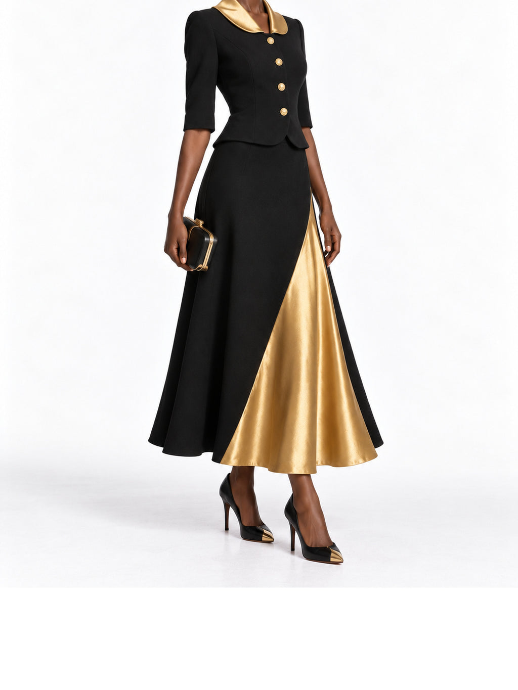 Black Gold Satin Panel Midi Dress
