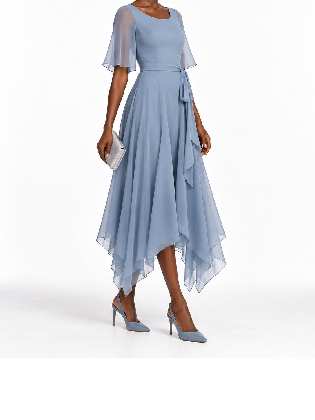 Blue Chiffon Flutter Sleeve Asymmetric Midi Dress