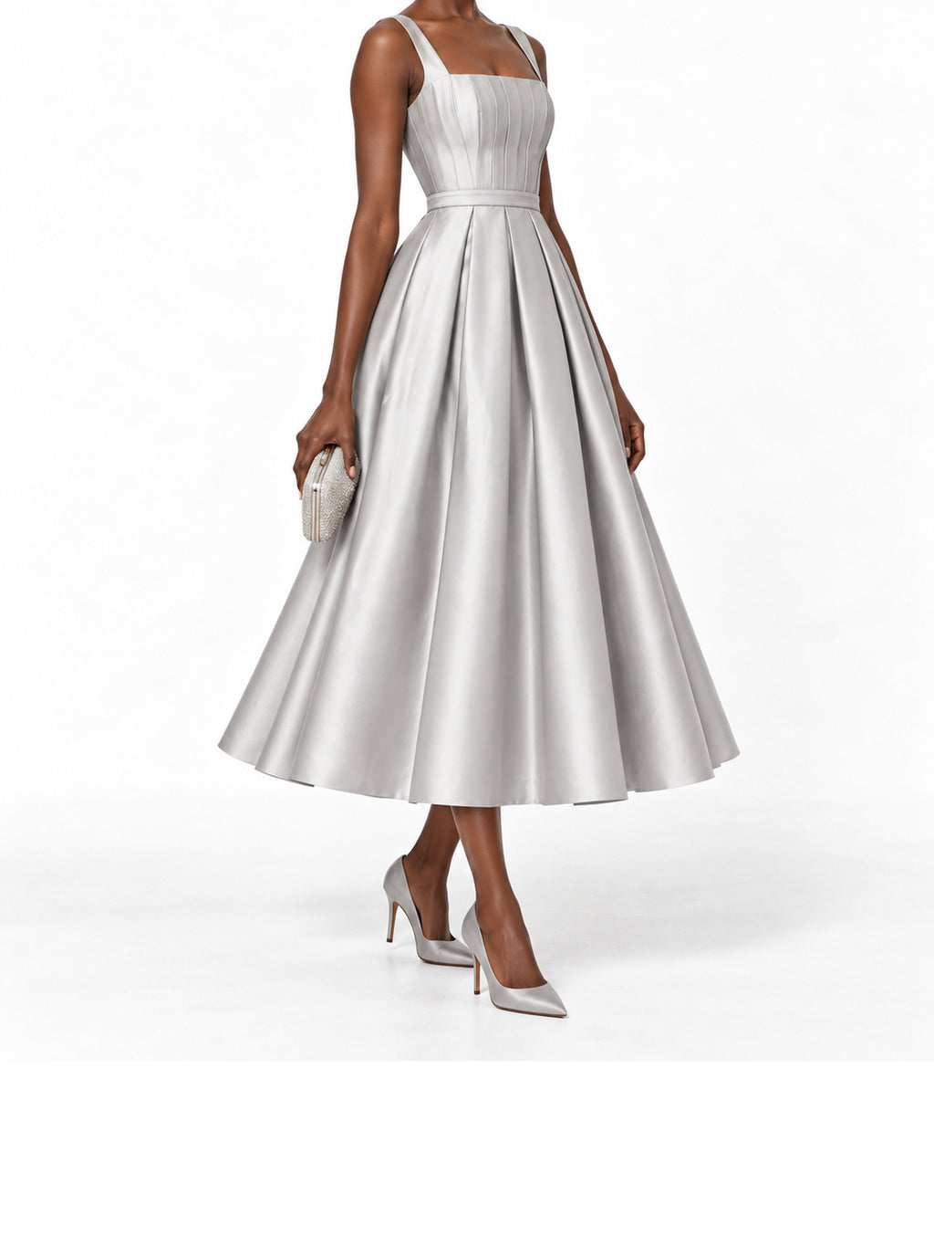 Silver Satin Square Neck Pleated Midi Dress