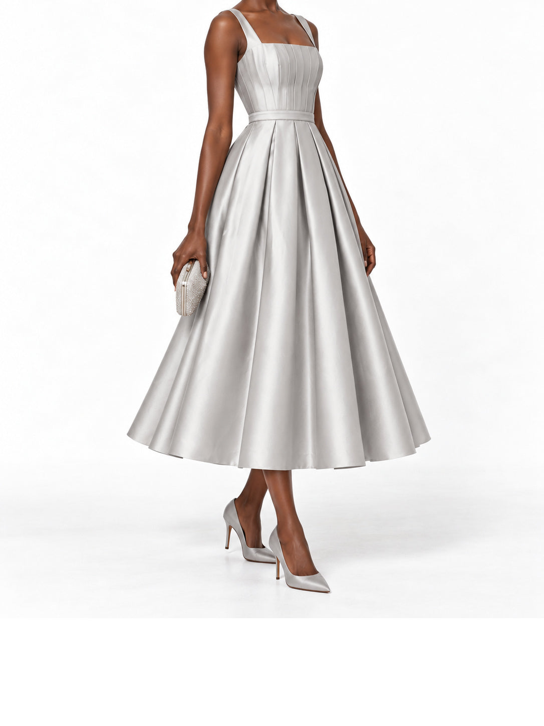 Silver Satin Square Neck Pleated Midi Dress