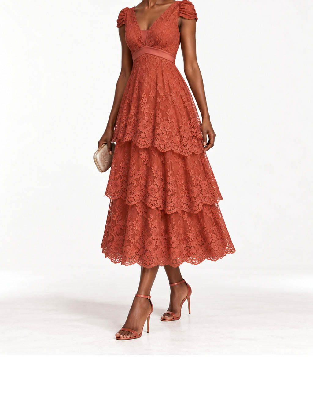 Rust Lace Cap Sleeve Tiered Midi Dress