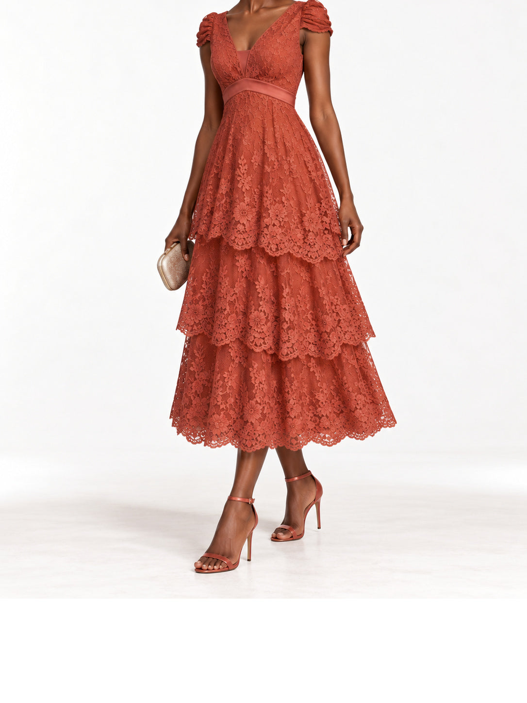 Rust Lace Cap Sleeve Tiered Midi Dress