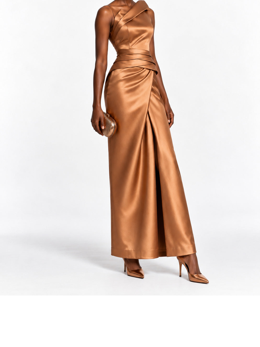 Bronze Satin One Shoulder Draped Maxi Dress