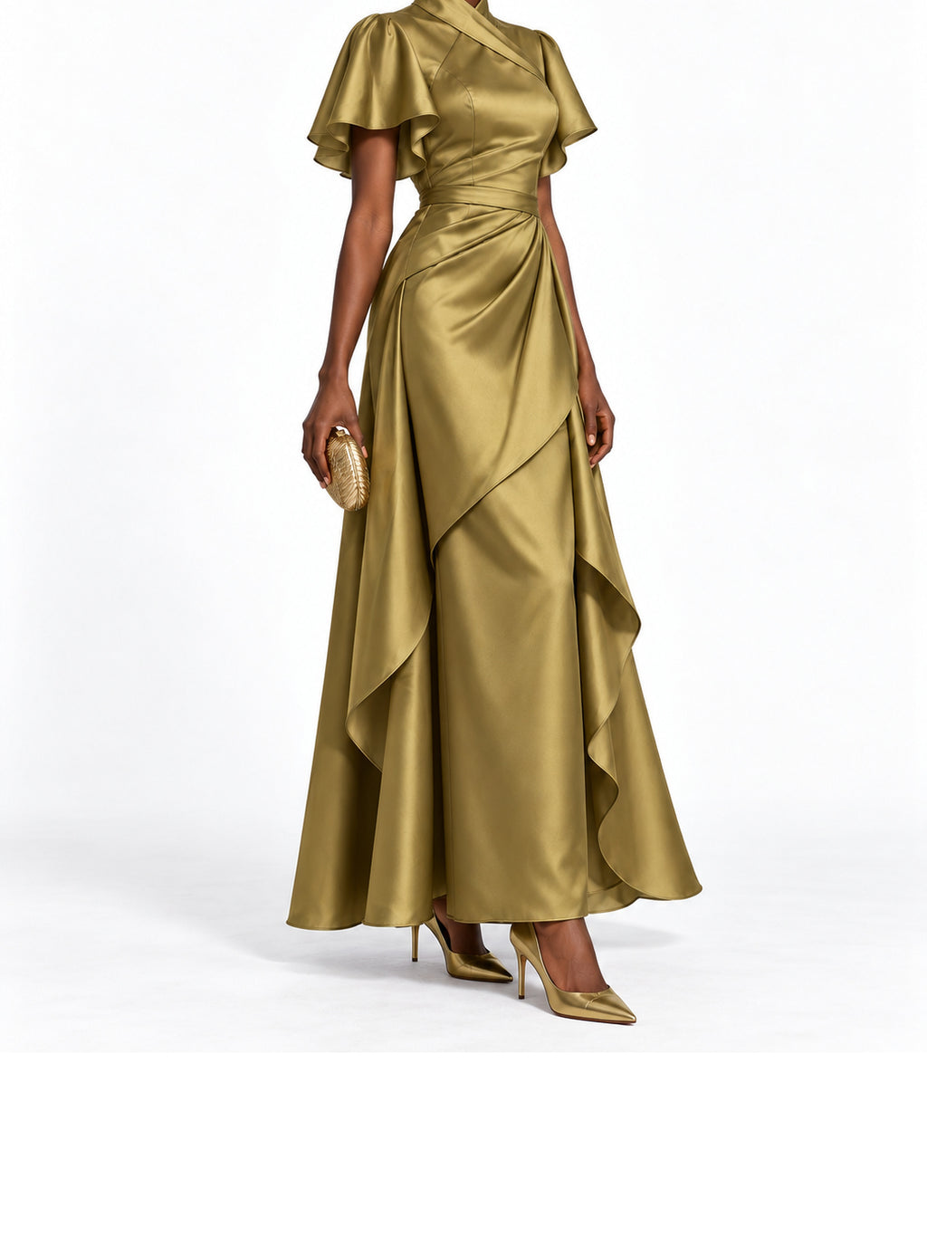 Gold Satin High Neck Ruffle Sleeve Maxi Dress