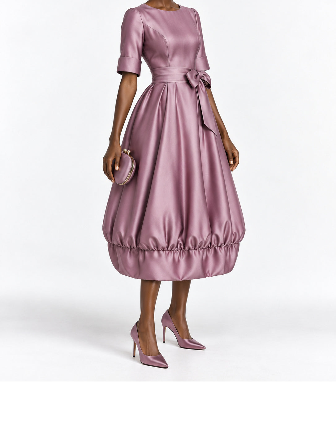 Mauve Satin Bubble Hem Midi Dress