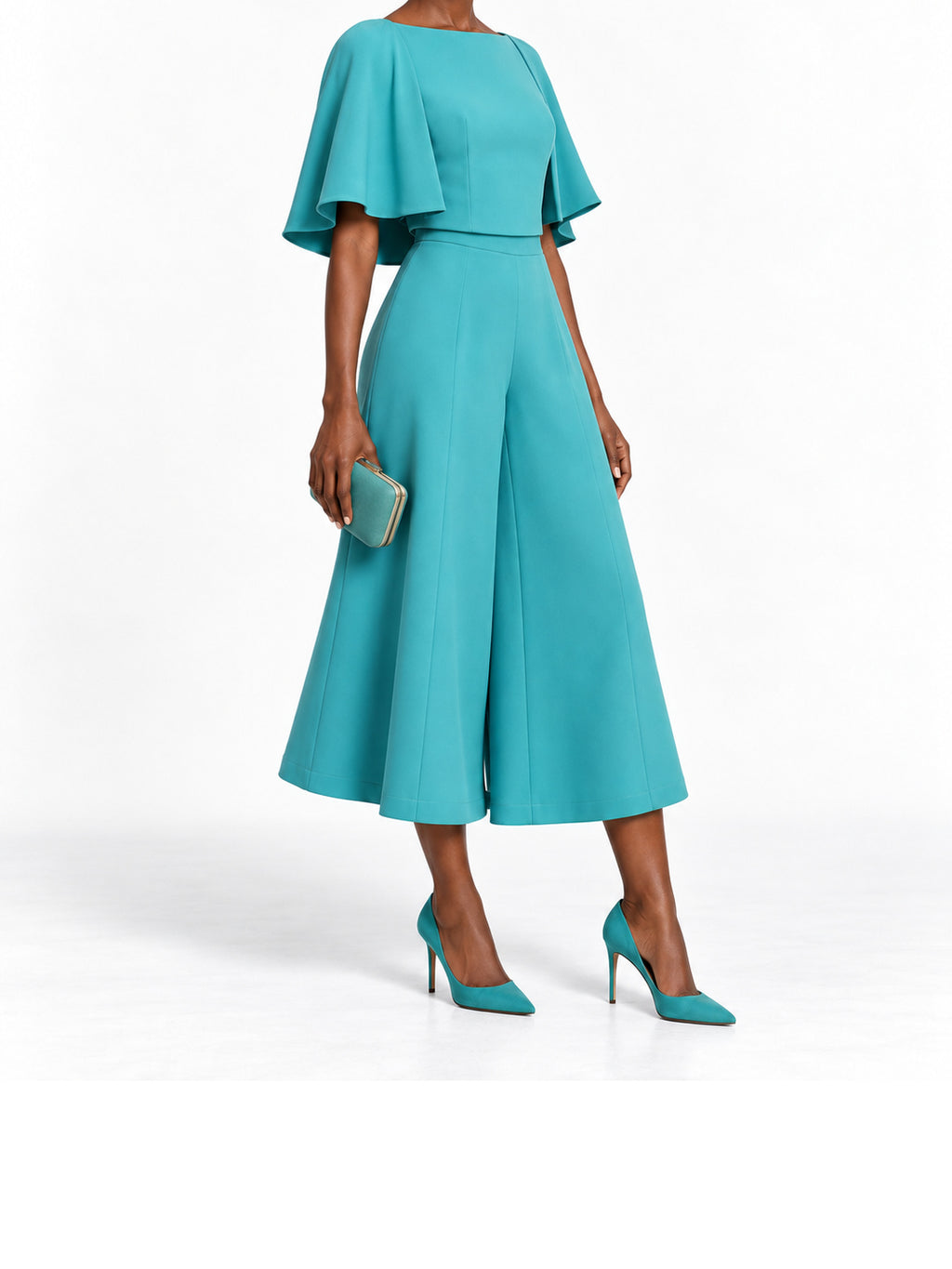 Teal Cape Sleeve Wide Leg Jumpsuit