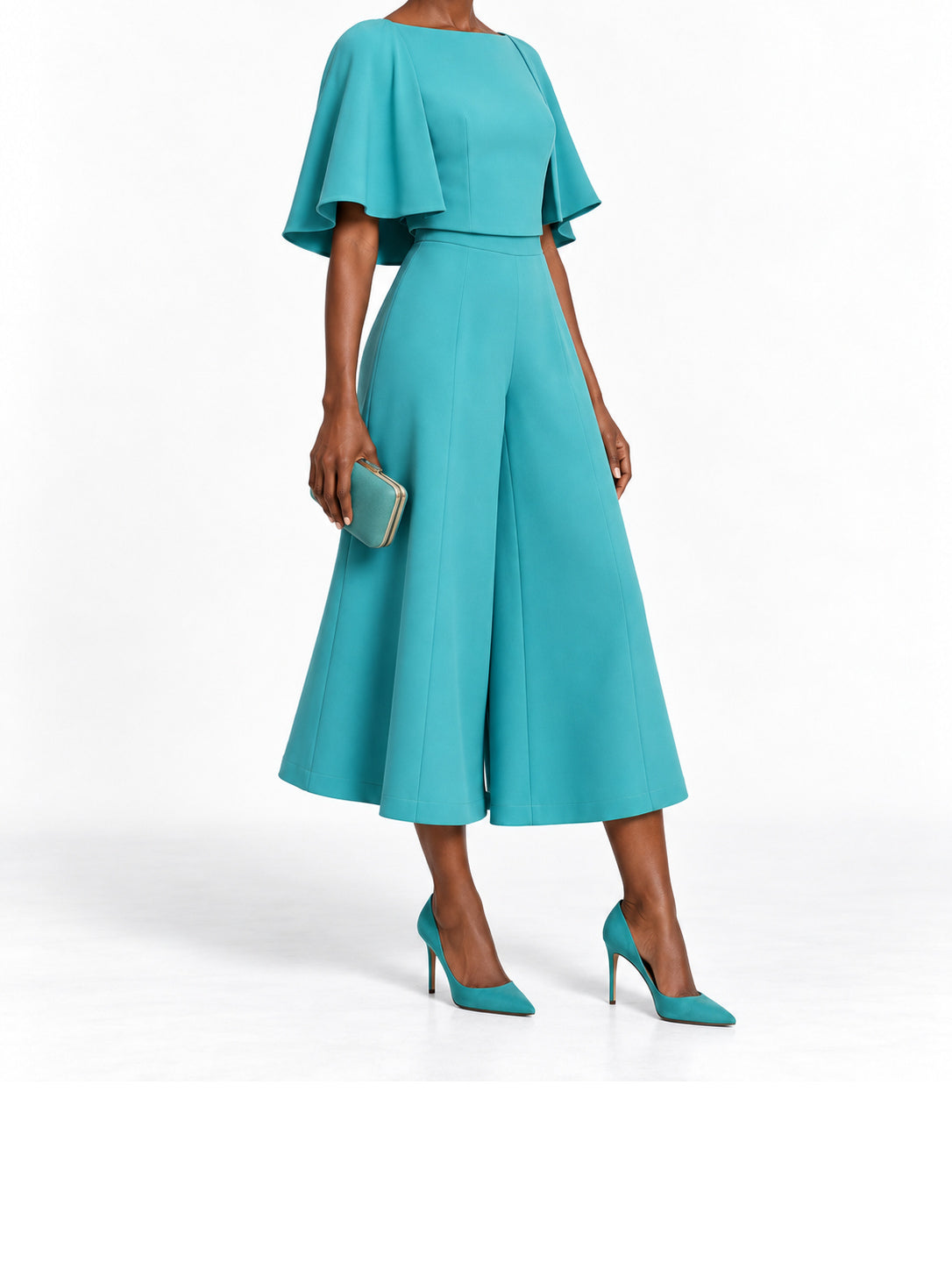 Teal Cape Sleeve Wide Leg Jumpsuit
