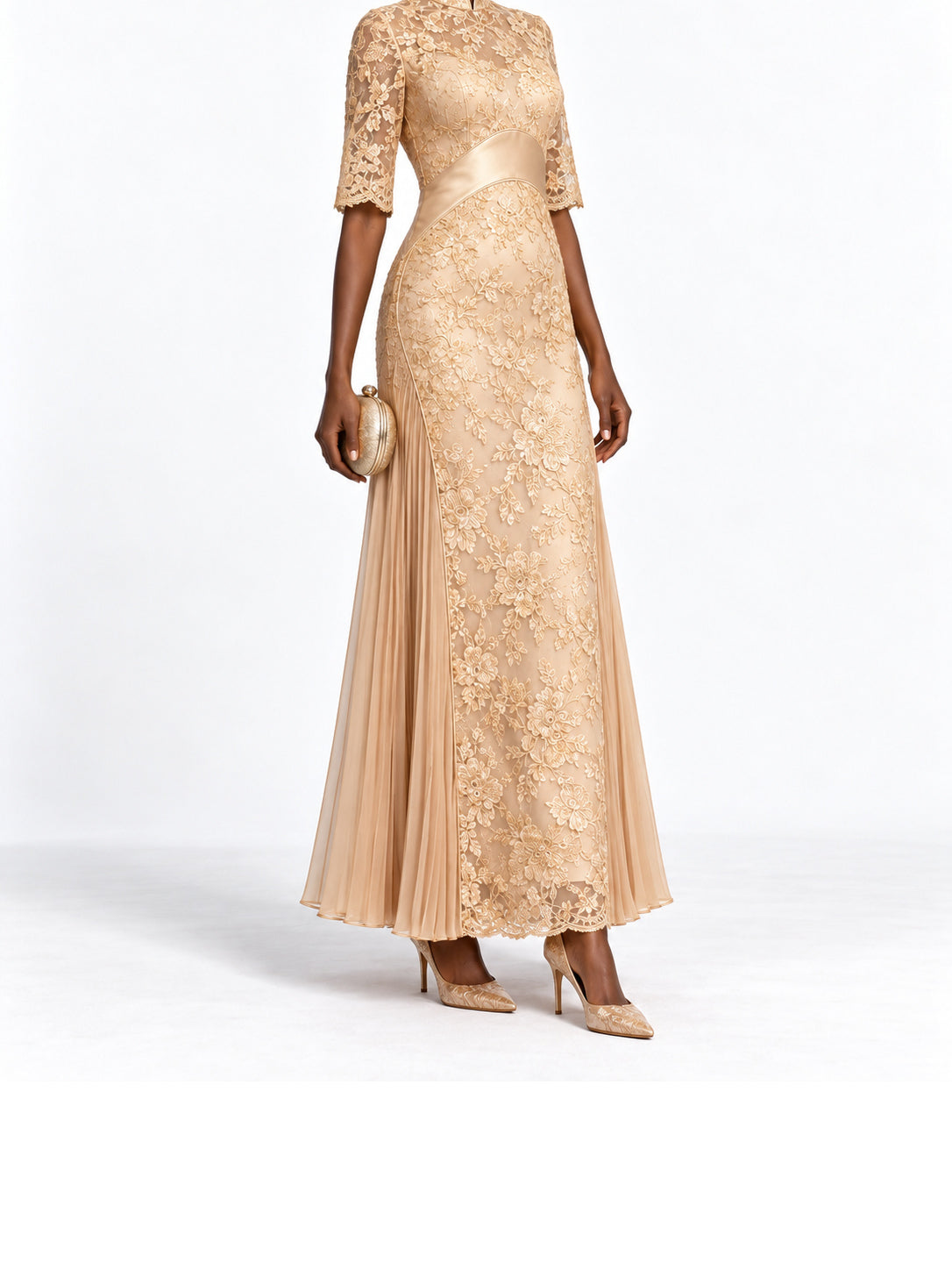 Champagne Lace Satin Trim Short Sleeve Maxi Dress