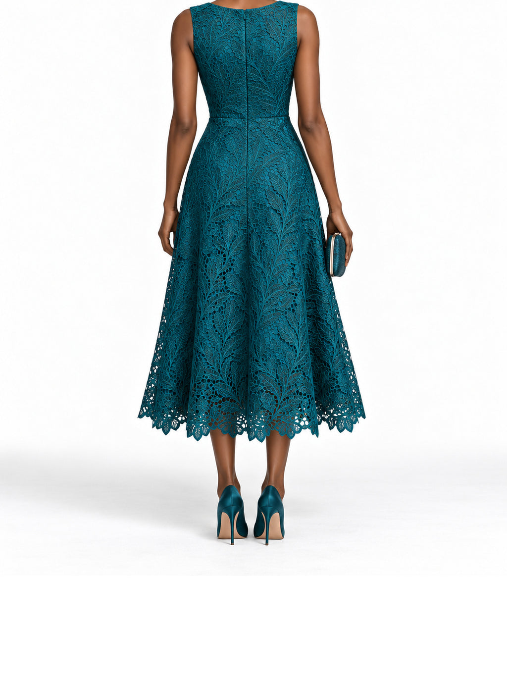 Teal Lace Satin Trim Sleeveless Midi Dress
