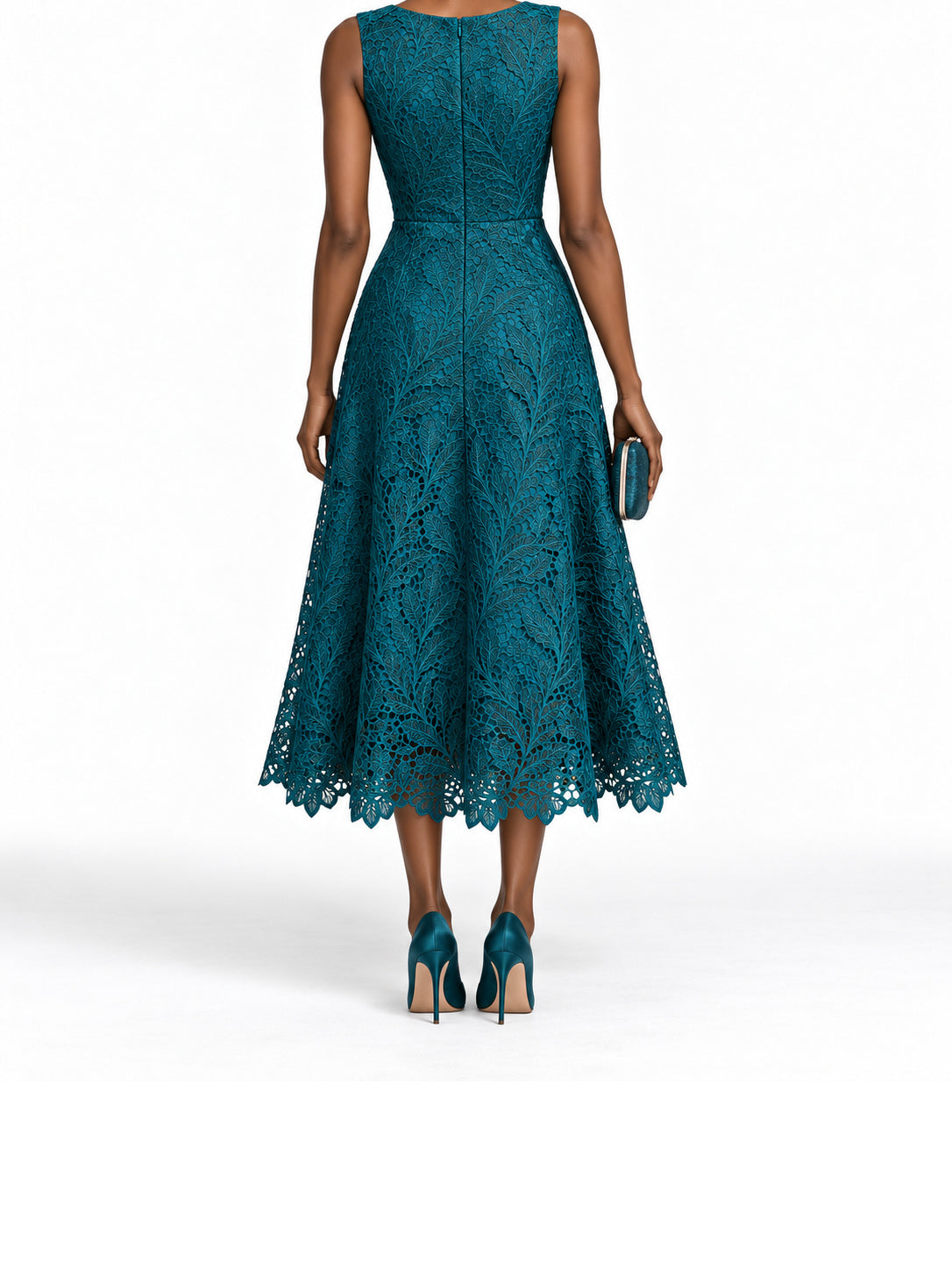 Teal Lace Satin Trim Sleeveless Midi Dress