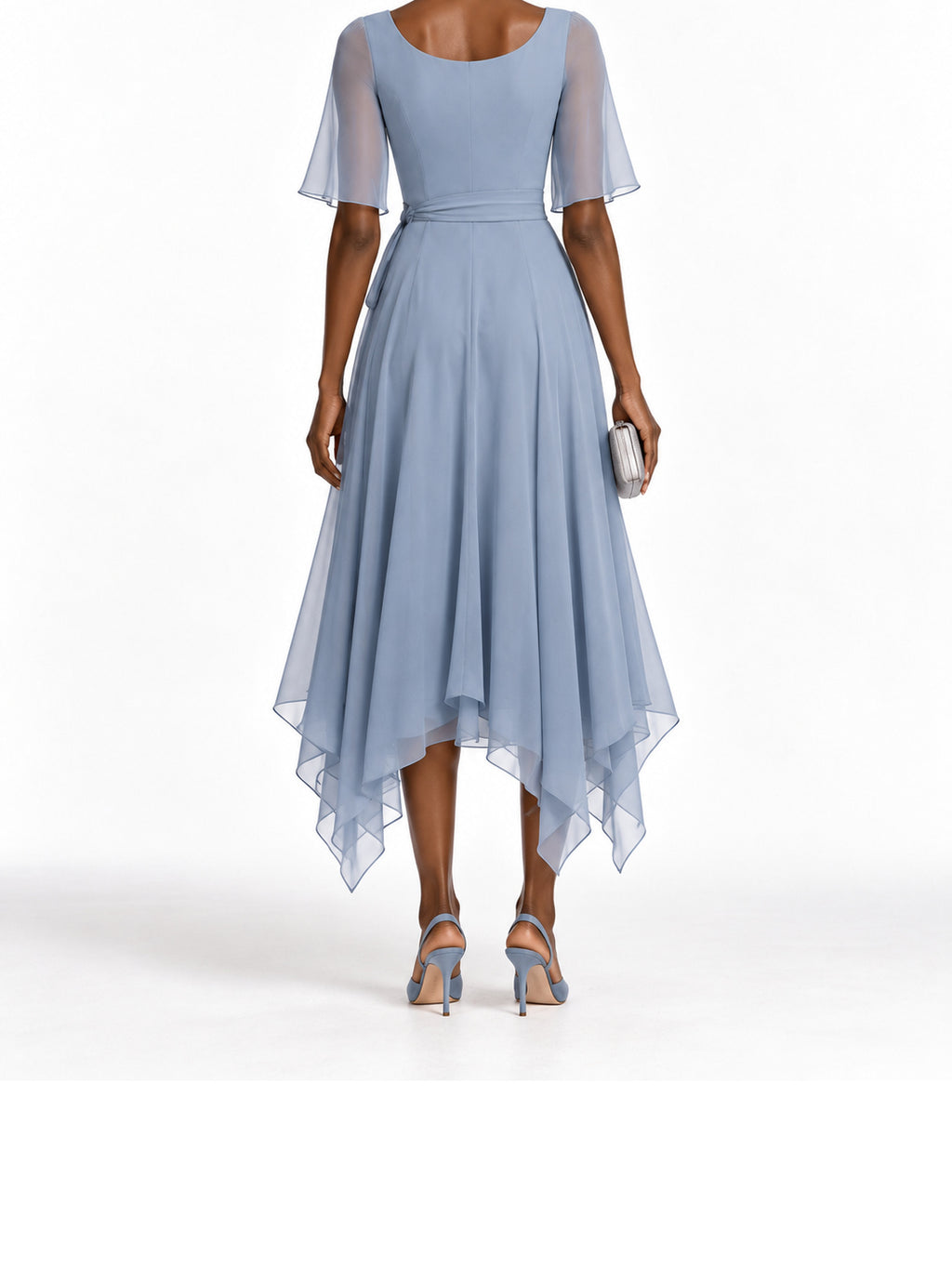 Blue Chiffon Flutter Sleeve Asymmetric Midi Dress