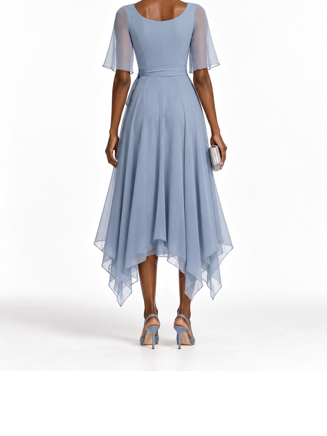 Blue Chiffon Flutter Sleeve Asymmetric Midi Dress