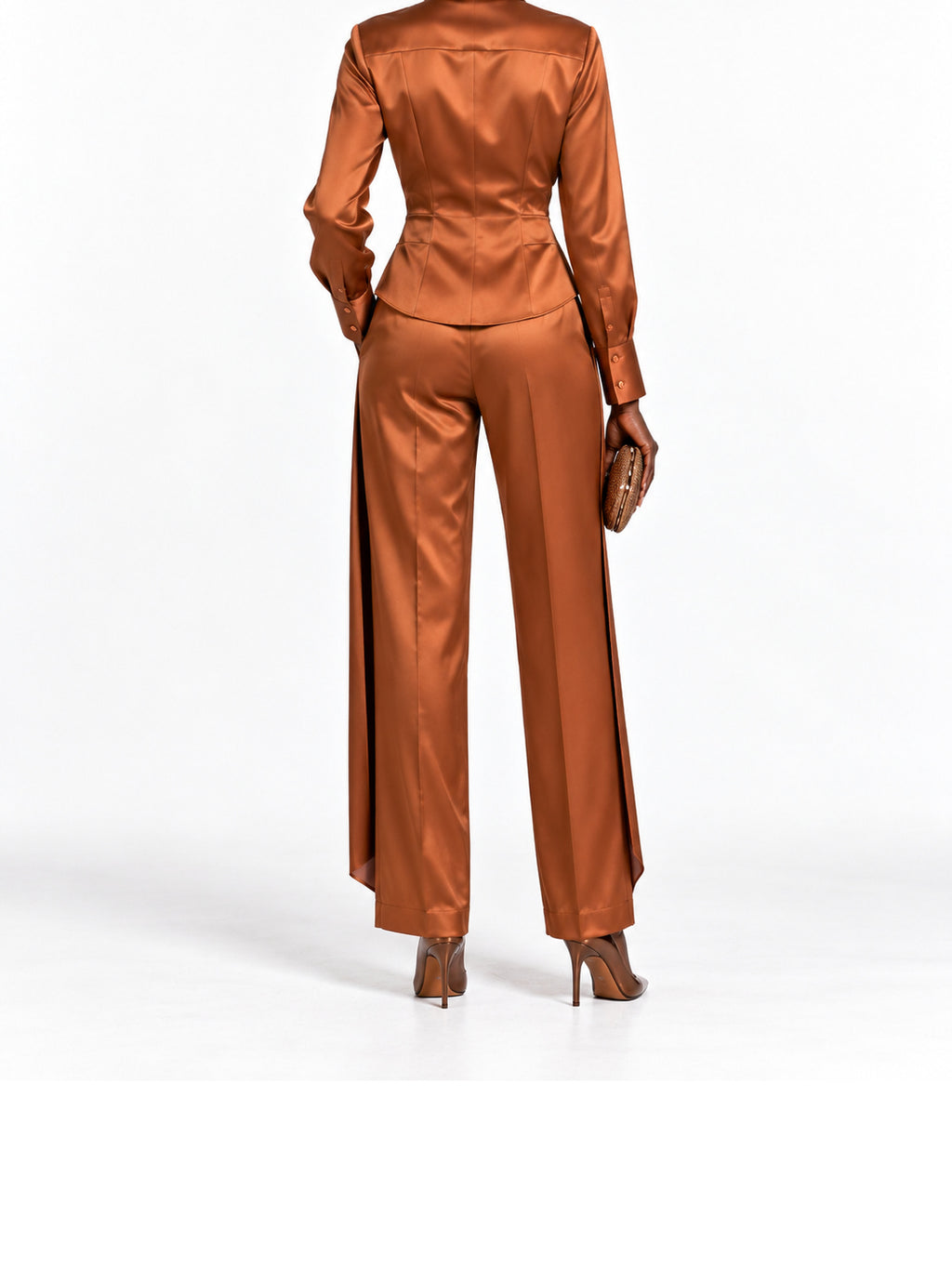 Bronze Satin Button Front Two Piece Pant Set