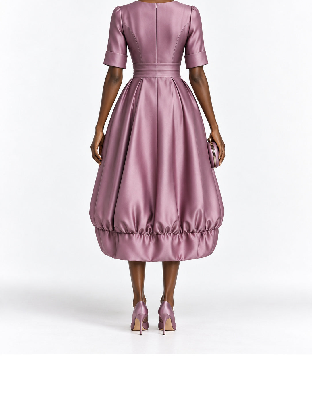 Mauve Satin Bubble Hem Midi Dress