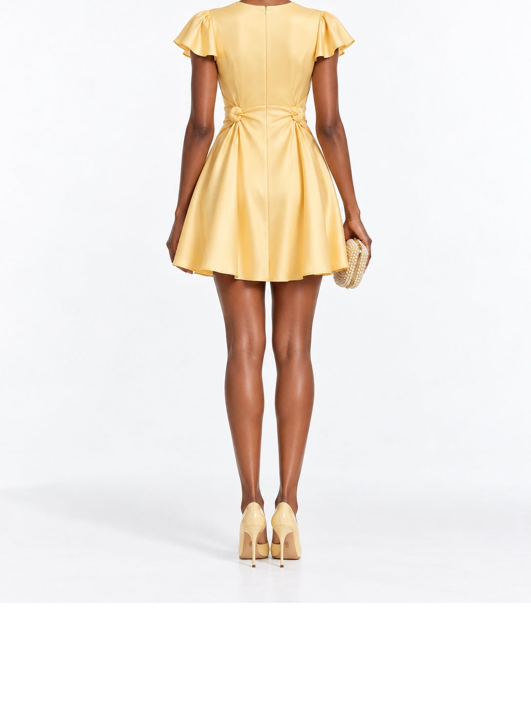 Yellow Satin Ruffle Sleeve Fit and Flare Mini Dress