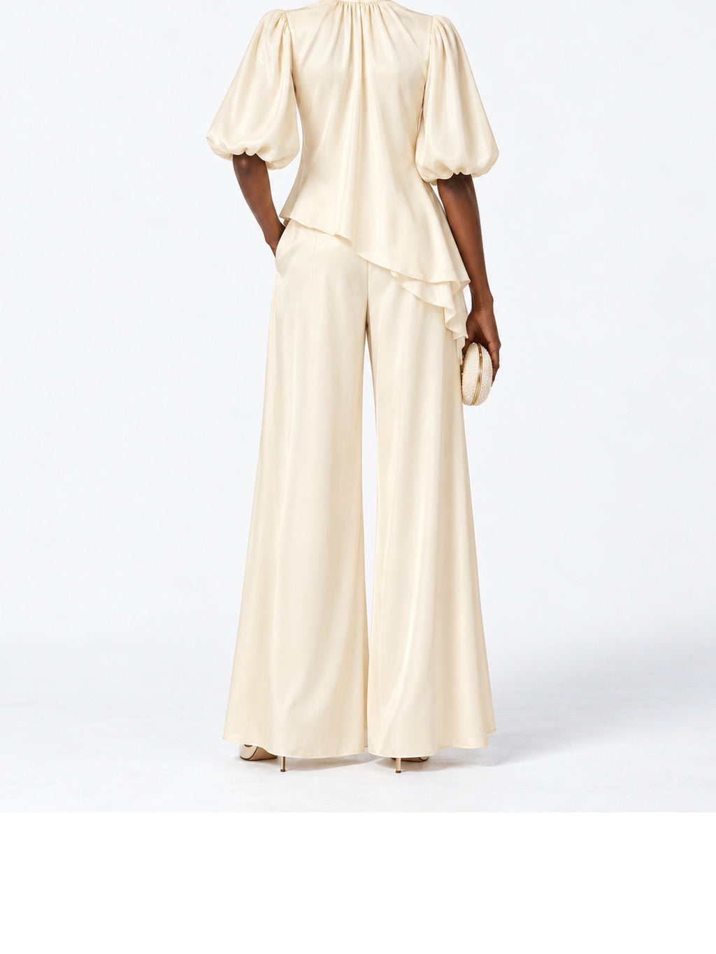 Cream Satin Asymmetric Ruffle Two Piece Pant Set
