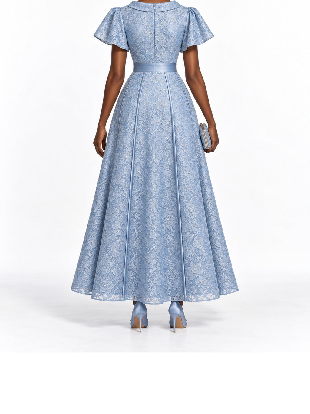 LightBlue Lace Short Sleeve Maxi Dress