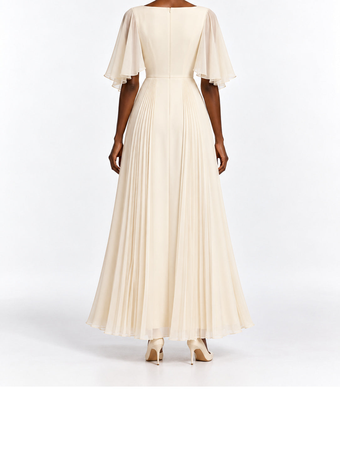 Cream Pleated Chiffon Flutter Sleeve Maxi Dress