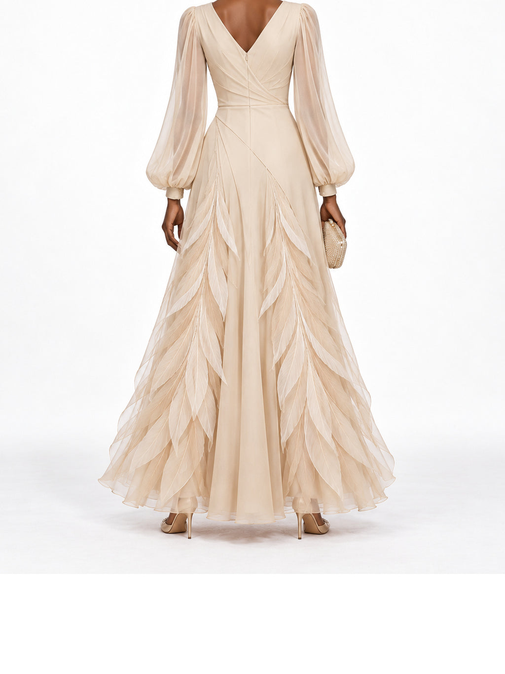 Champagne Chiffon Feather Applique Long Sleeve Maxi Dress